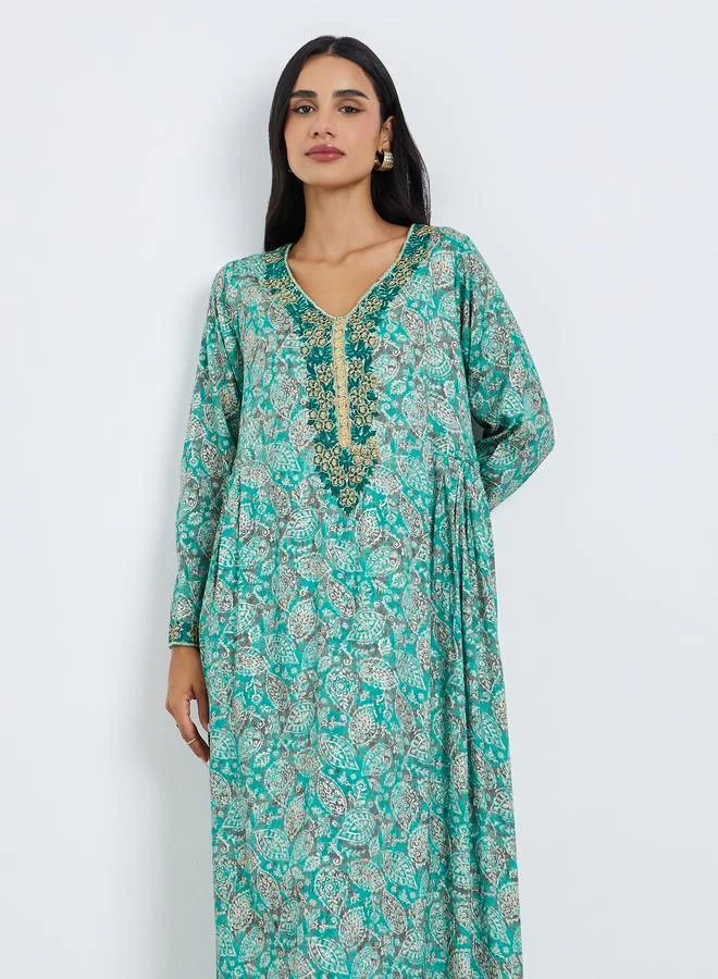 Amirah Women Blue Printed Embroidered Jalabiya with Scarf